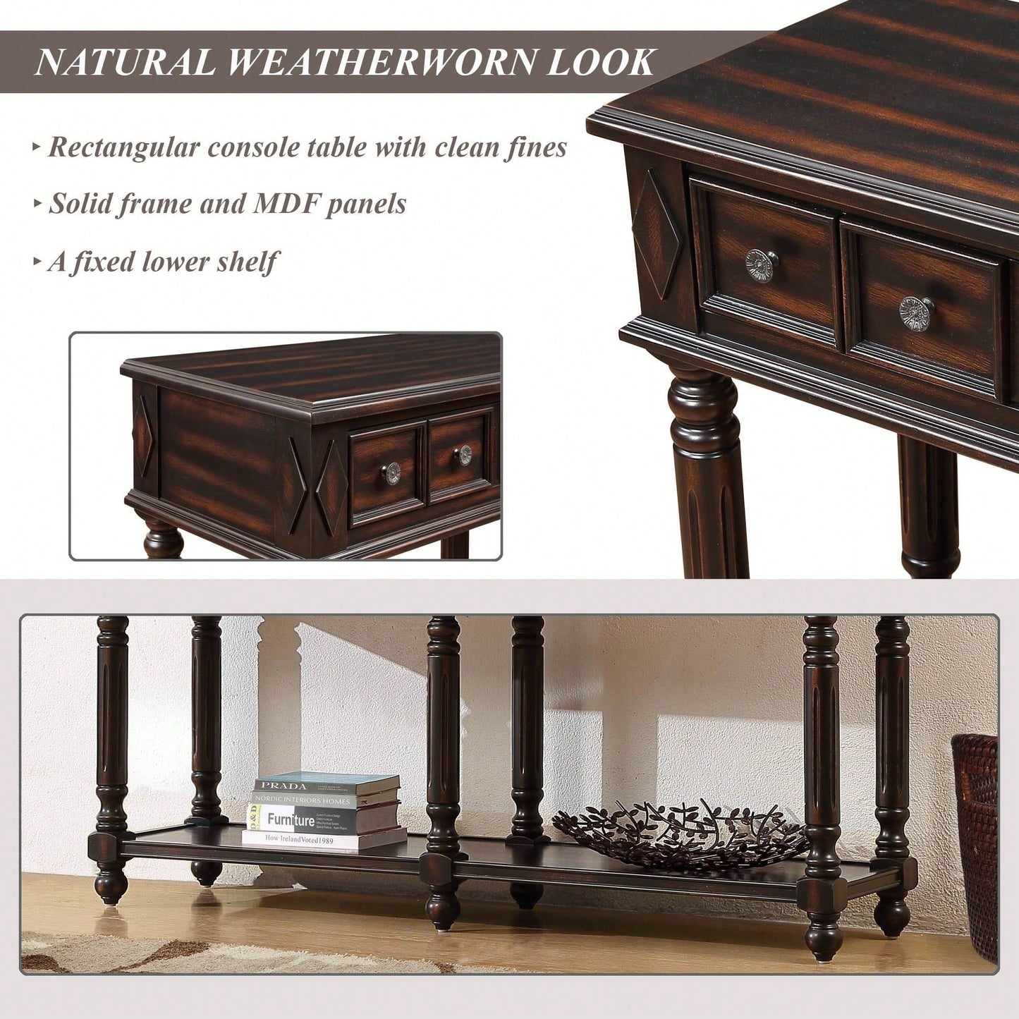 Console Table Entryway Table 58" Long Sofa Table With 2 Drawers In Same Size And Bottom Shelf For Storage