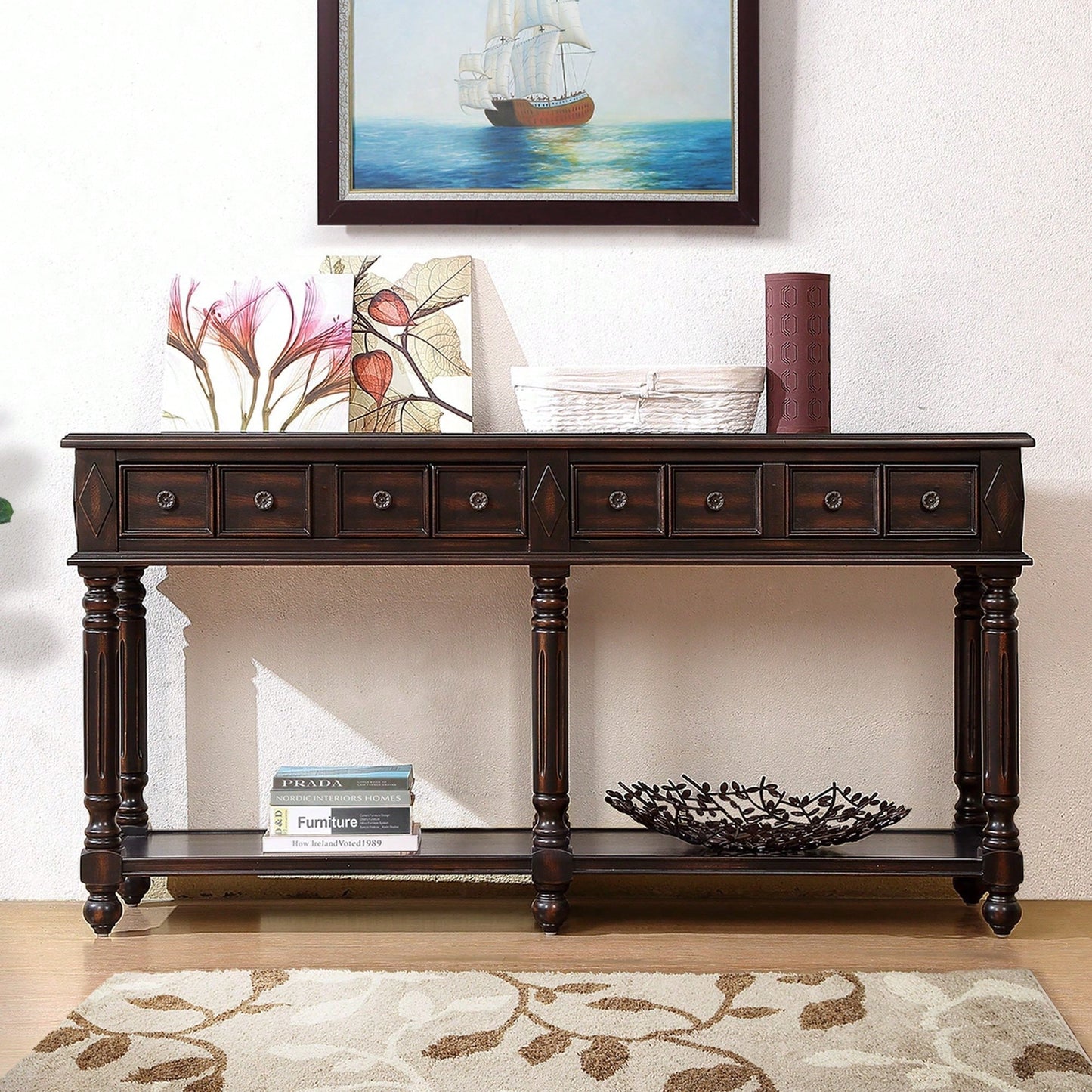 Console Table Entryway Table 58" Long Sofa Table With 2 Drawers In Same Size And Bottom Shelf For Storage