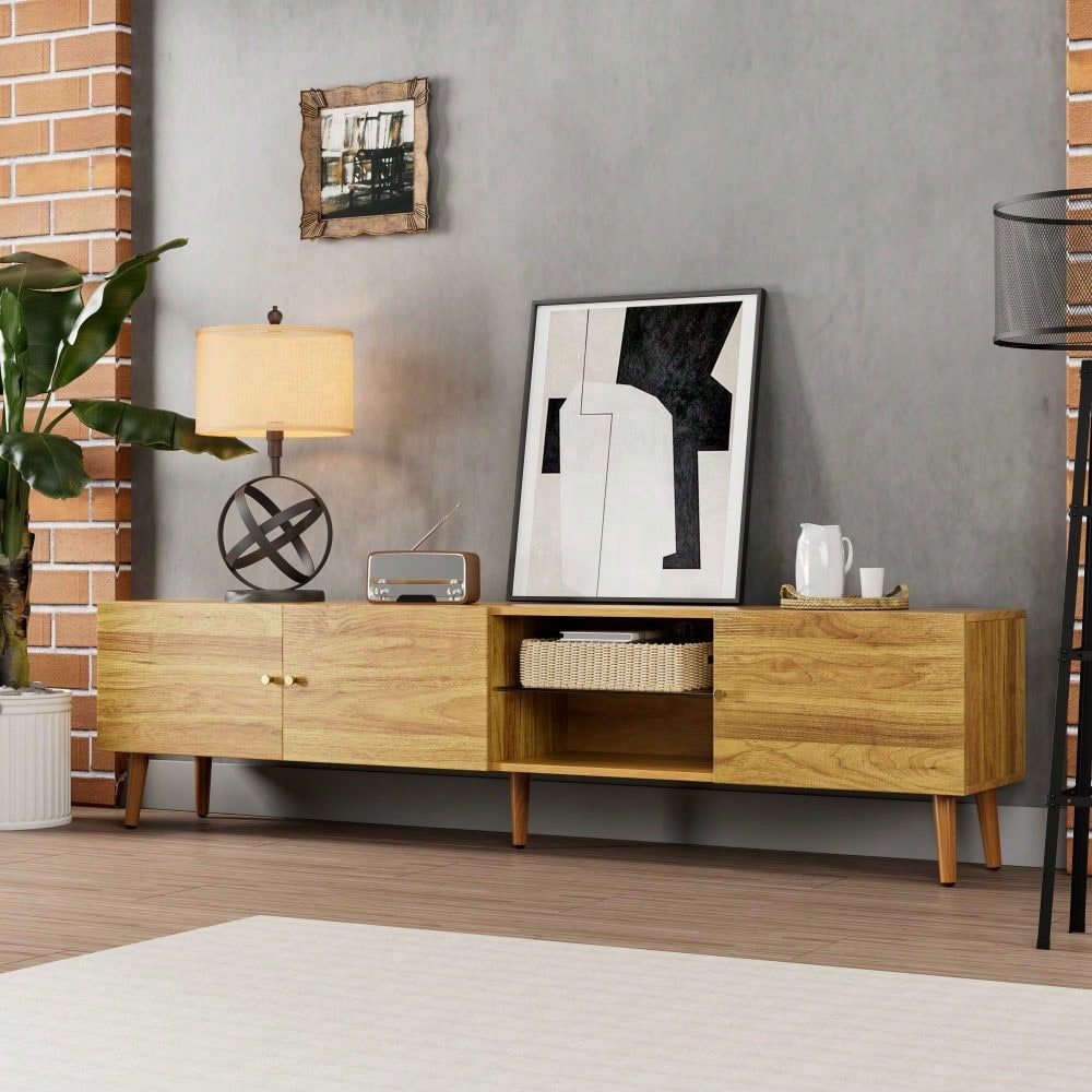 Mid Century Modern 70 Inch TV Stand for Up to 75 Inch TVs with Storage Cabinets and Open Shelf