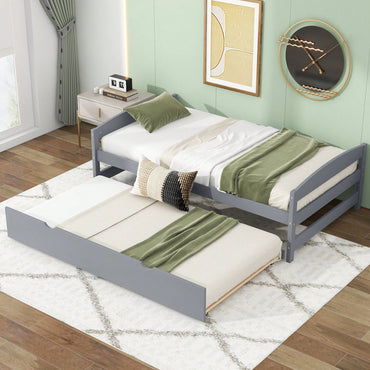 Twin Size Platform Bed Frame With Trundle Bed For Kids Teens Adults, Wood Slat Support, No Box Spring Needed, Gray