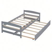 Twin Size Platform Bed Frame With Trundle Bed For Kids Teens Adults, Wood Slat Support, No Box Spring Needed, Gray