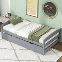 Twin Size Platform Bed Frame With Trundle Bed For Kids Teens Adults, Wood Slat Support, No Box Spring Needed, Gray