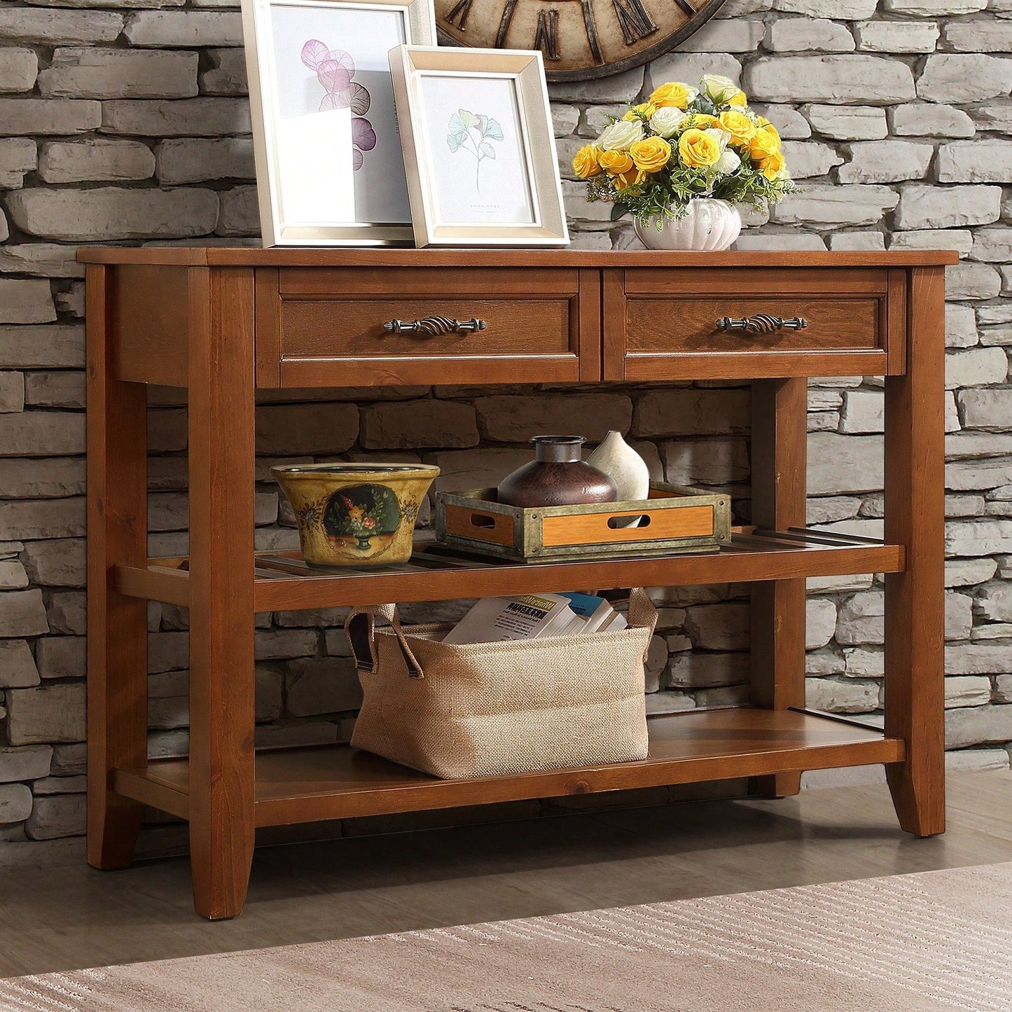 Mid-Century Modern Console Sofa Table with Storage - 42 Inch Solid Wood Sideboard with Drawers and Shelves for Living Room Entryway