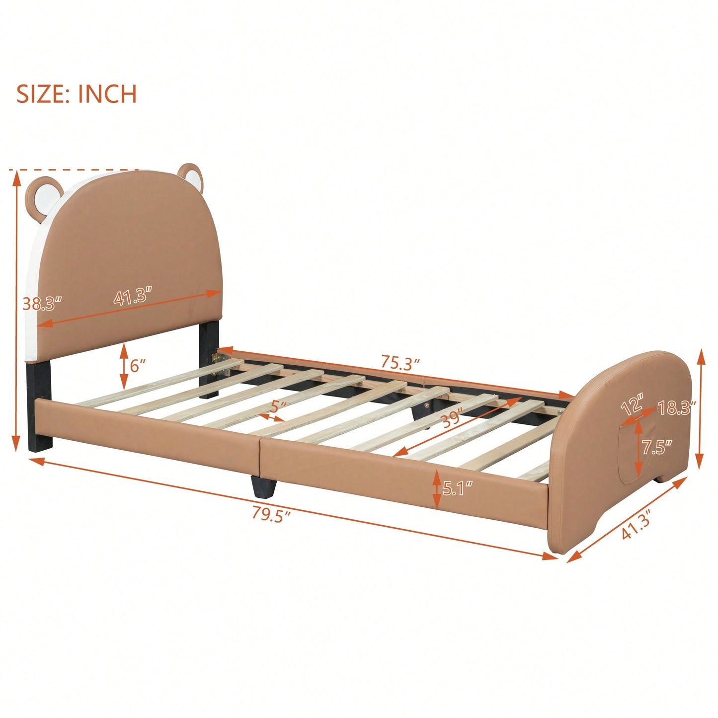 Twin Platform Bed Frame With Storage Pocket & Bear-Shaped Headboard, Wood Slat Support, No Box Spring Needed, Easy Assembly