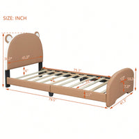 Twin Platform Bed Frame With Storage Pocket & Bear-Shaped Headboard, Wood Slat Support, No Box Spring Needed, Easy Assembly