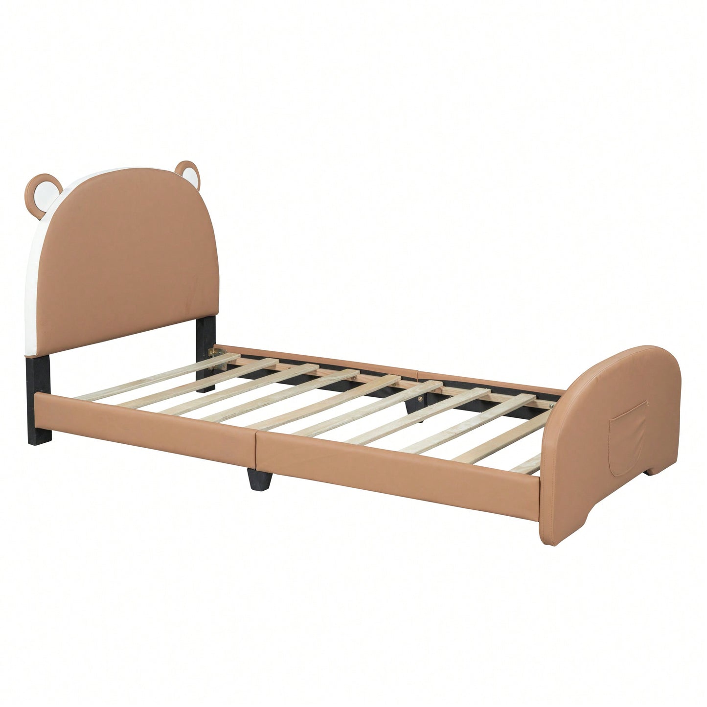 Twin Platform Bed Frame With Storage Pocket & Bear-Shaped Headboard, Wood Slat Support, No Box Spring Needed, Easy Assembly