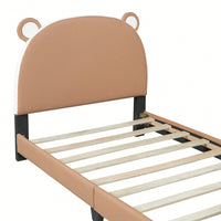 Twin Platform Bed Frame With Storage Pocket & Bear-Shaped Headboard, Wood Slat Support, No Box Spring Needed, Easy Assembly