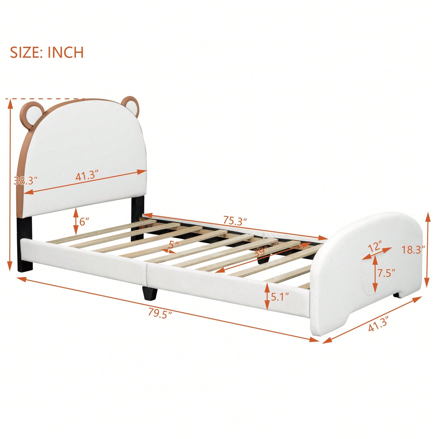 Twin Platform Bed Frame With Storage Pocket & Bear-Shaped Headboard, Wood Slat Support, No Box Spring Needed, Easy Assembly