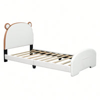 Twin Platform Bed Frame With Storage Pocket & Bear-Shaped Headboard, Wood Slat Support, No Box Spring Needed, Easy Assembly