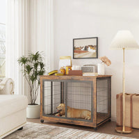 Furniture Style Dog Crate Side Table On Wheels With Double Doors And Lift Top