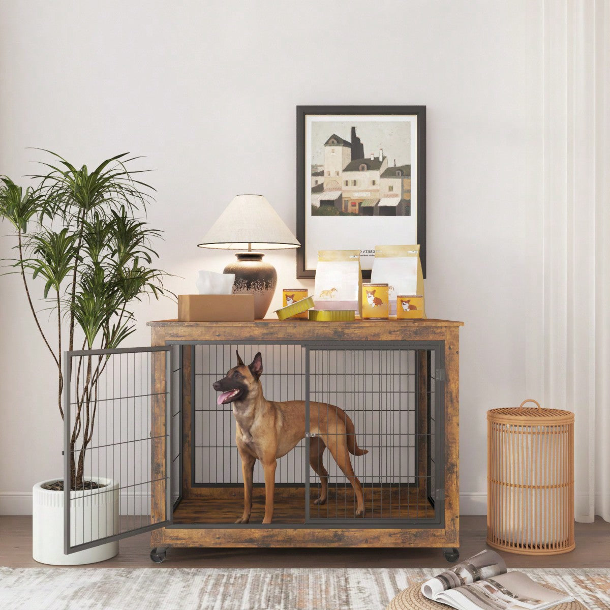 Furniture Style Dog Crate Side Table On Wheels With Double Doors And Lift Top