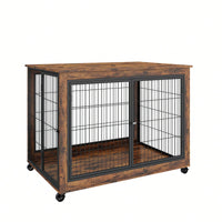 Furniture Style Dog Crate Side Table On Wheels With Double Doors And Lift Top