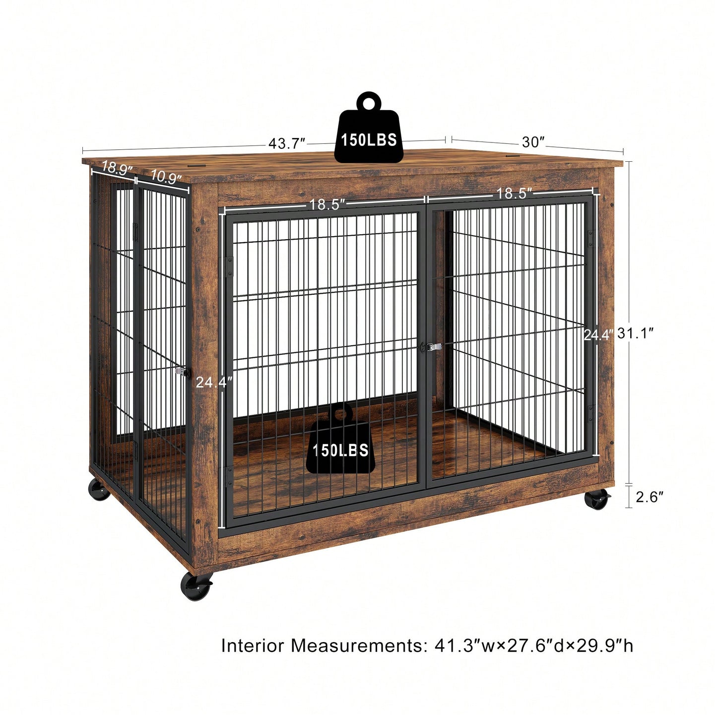 Furniture Style Dog Crate Side Table On Wheels With Double Doors And Lift Top