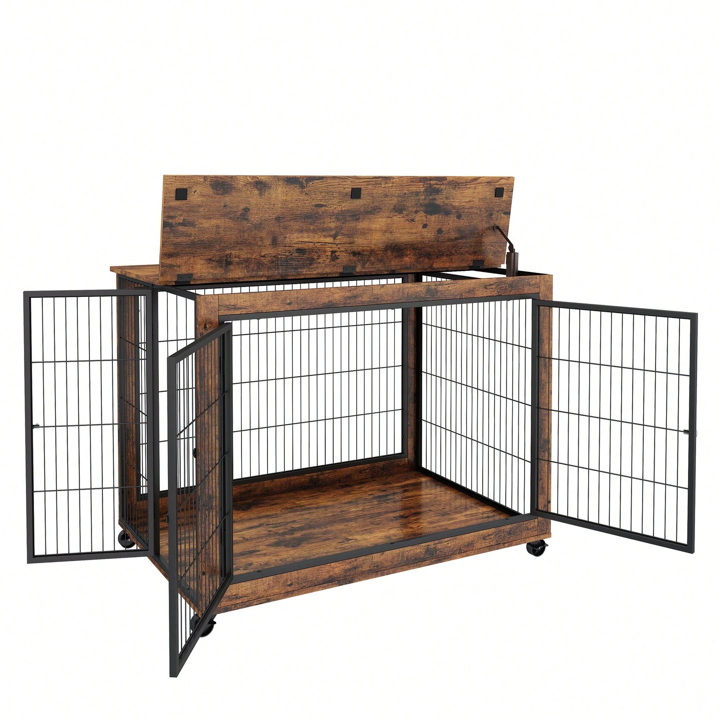 Furniture Style Dog Crate Side Table On Wheels With Double Doors And Lift Top