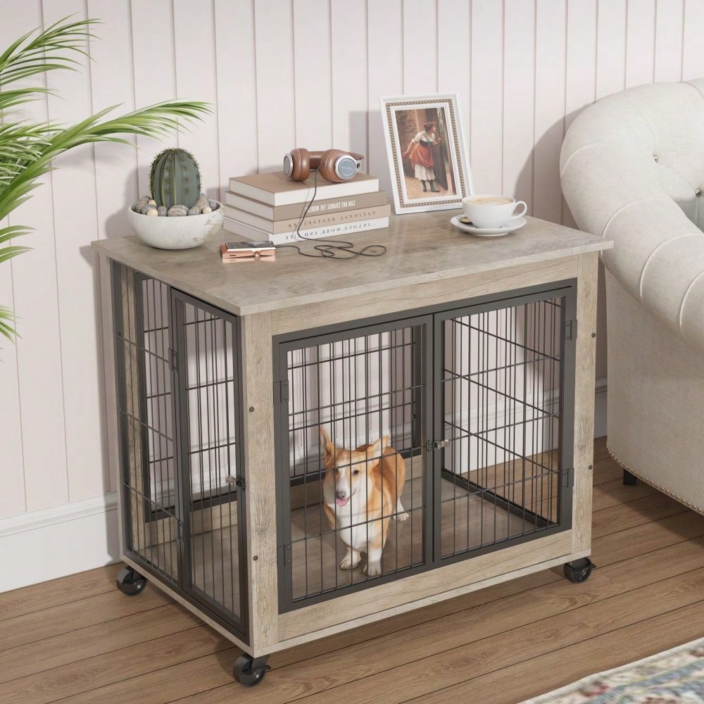 Furniture Style Dog Crate Side Table On Wheels With Double Doors And Lift Top