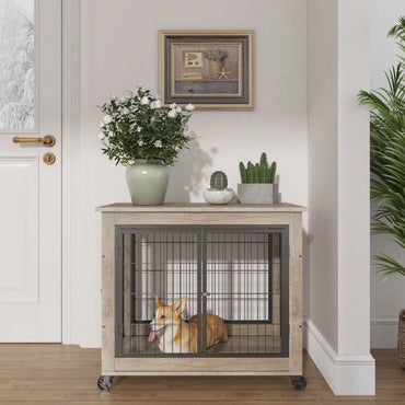 Furniture Style Dog Crate Side Table On Wheels With Double Doors And Lift Top