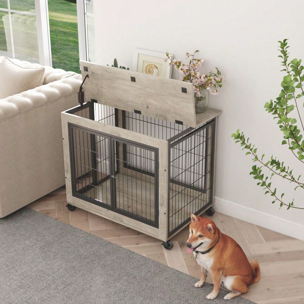 Furniture Style Dog Crate Side Table On Wheels With Double Doors And Lift Top