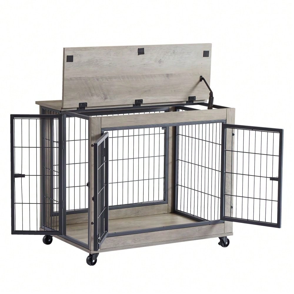 Furniture Style Dog Crate Side Table On Wheels With Double Doors And Lift Top