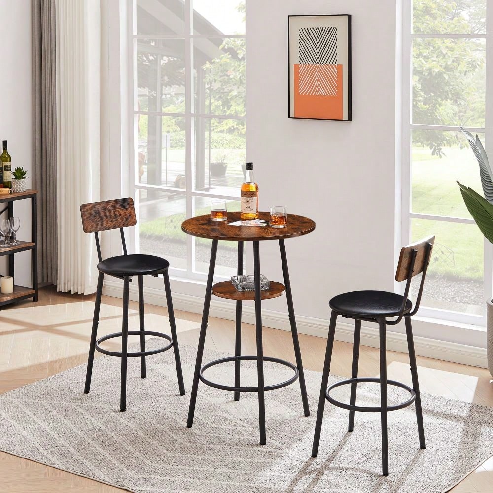 Upholstered Counter Height Bar Stools Set of 3 with Backrest and Shelf Comfortable Space-Saving Design for Kitchen Island