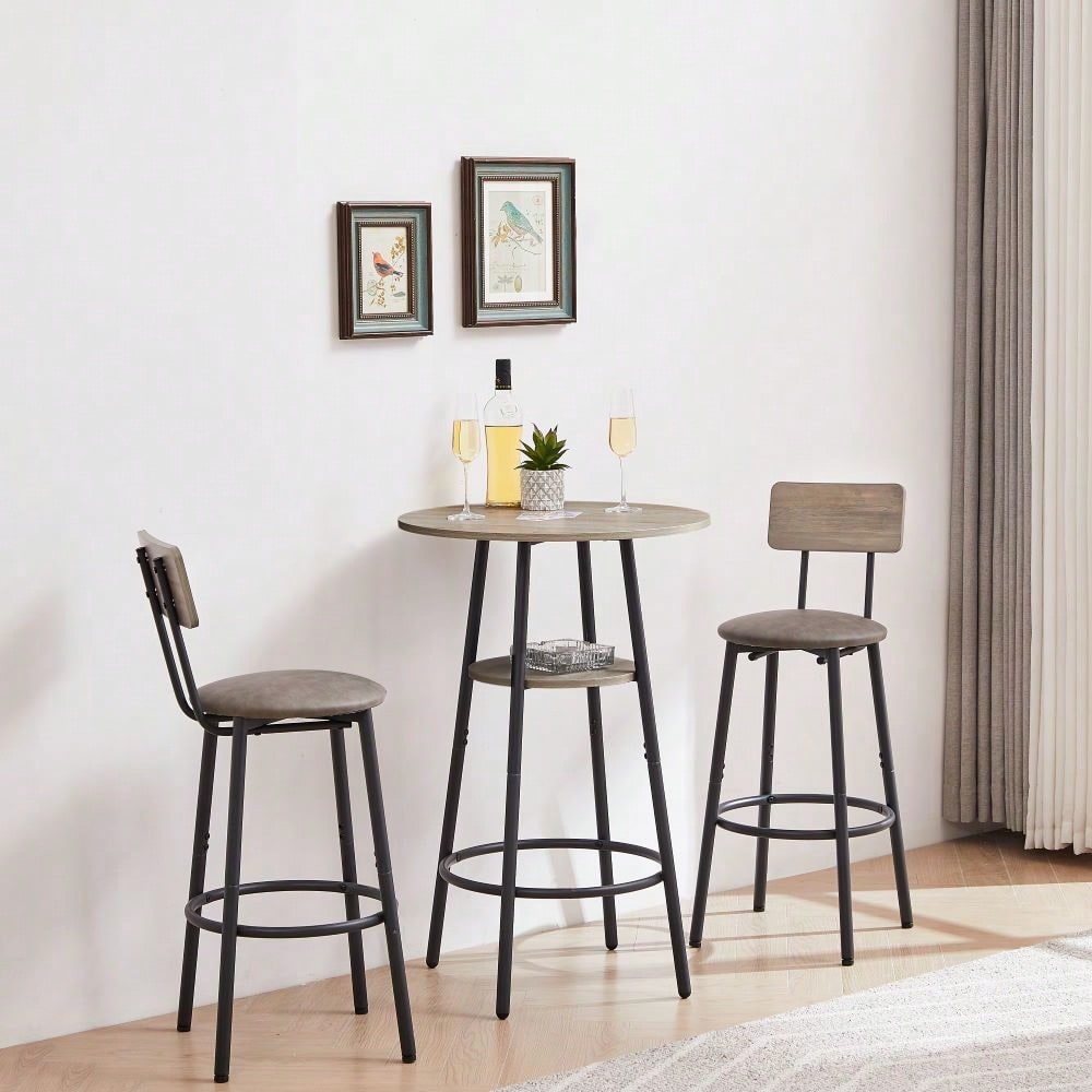 Upholstered Counter Height Bar Stools Set of 3 with Backrest and Shelf Comfortable Space-Saving Design for Kitchen Island