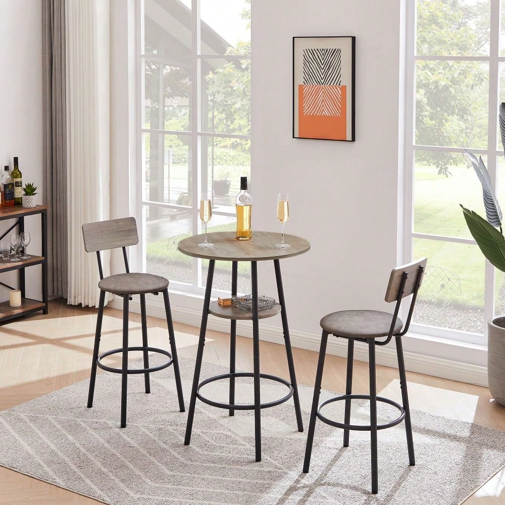 Upholstered Counter Height Bar Stools Set of 3 with Backrest and Shelf Comfortable Space-Saving Design for Kitchen Island