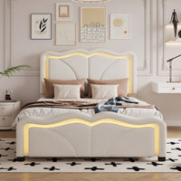 Twin Size Upholstered Platform Bed With Curve Shaped And Height-Adjustbale Headboard,LED Light Strip
