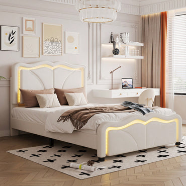 Twin Size Upholstered Platform Bed With Curve Shaped And Height-Adjustbale Headboard,LED Light Strip