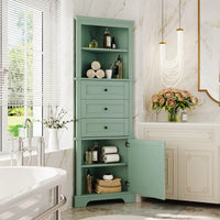 Green Tall Corner Storage Cabinet with Adjustable Shelves and Drawers for Bathroom Kitchen or Living Room
