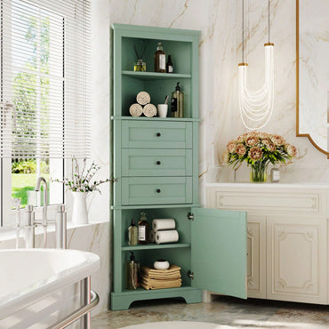 Green Tall Corner Storage Cabinet with Adjustable Shelves and Drawers for Bathroom Kitchen or Living Room