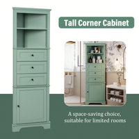 Green Tall Corner Storage Cabinet with Adjustable Shelves and Drawers for Bathroom Kitchen or Living Room