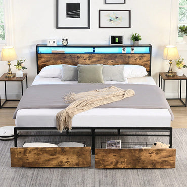 Queen Size Platform Bed Frame with Storage Headboard and RGB LED Lights Remote Control Under Bed Drawers No Box Spring Needed