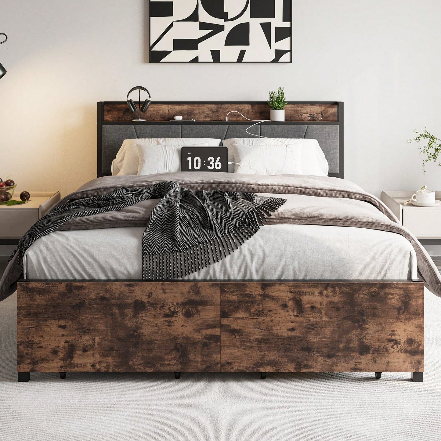 Queen Size Bed Frame with Storage Headboard Charging Station and Drawers Easy Assembly No Box Spring Needed