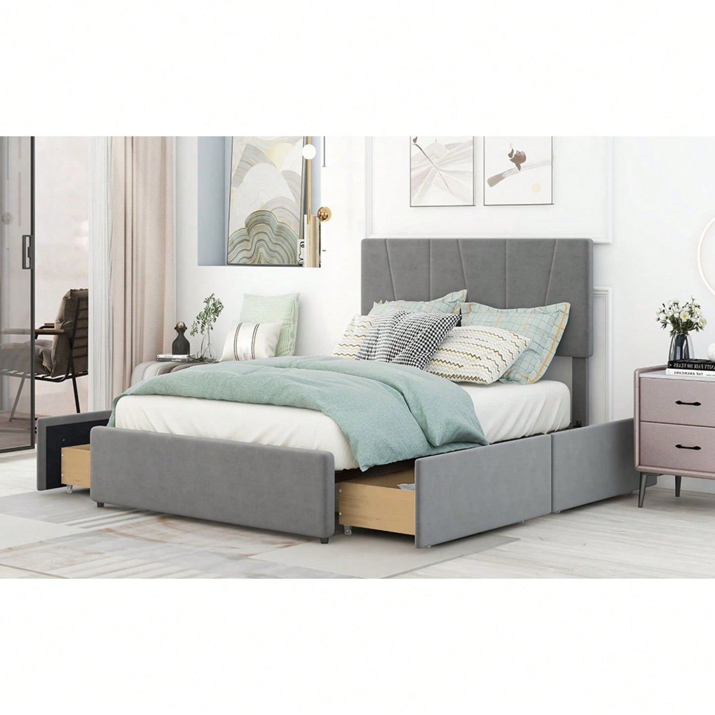 Grey Upholstered Full Size Platform Bed Frame with Storage Drawers and Adjustable Headboard Easy Assembly No Box Spring Needed