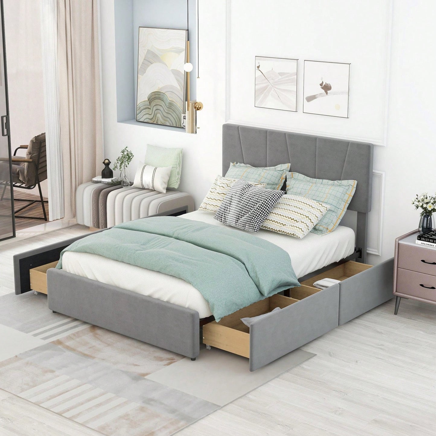 Grey Upholstered Full Size Platform Bed Frame with Storage Drawers and Adjustable Headboard Easy Assembly No Box Spring Needed