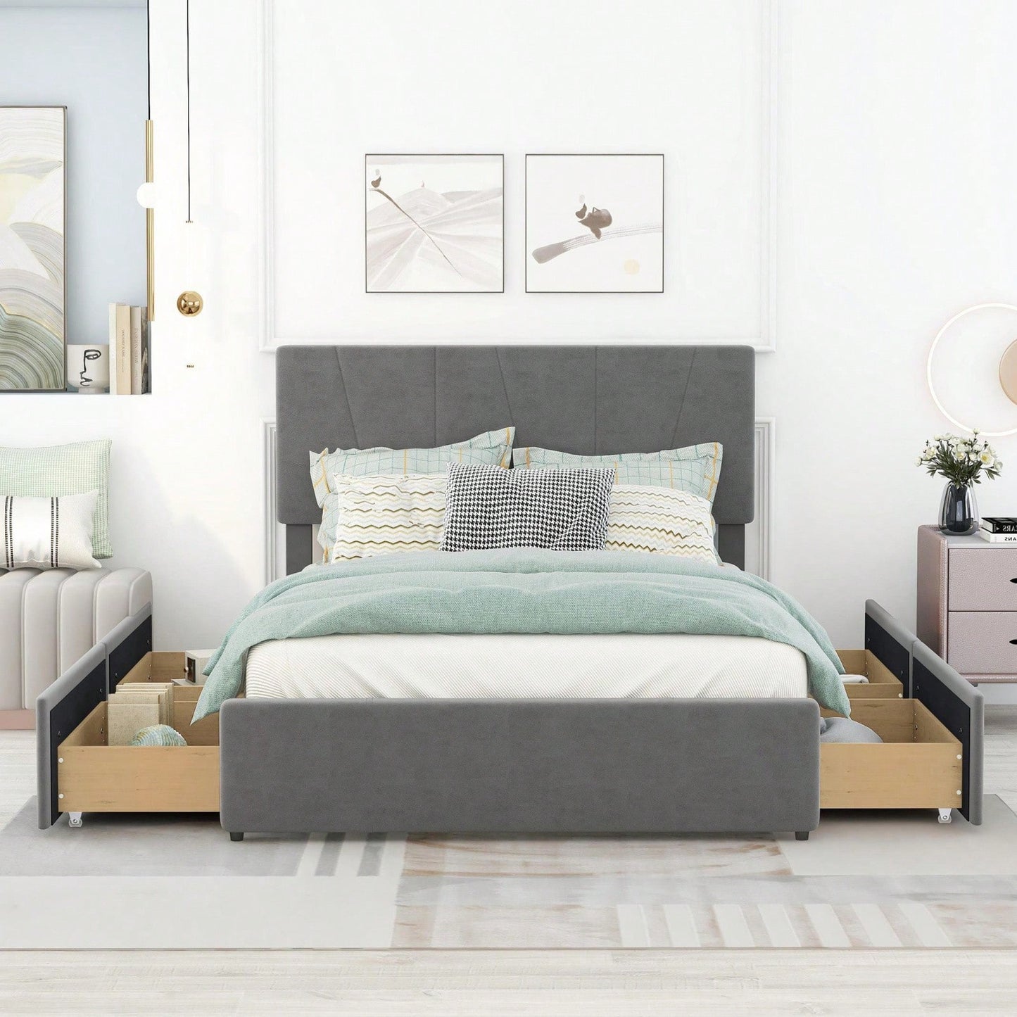 Grey Upholstered Full Size Platform Bed Frame with Storage Drawers and Adjustable Headboard Easy Assembly No Box Spring Needed