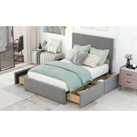 Grey Upholstered Full Size Platform Bed Frame with Storage Drawers and Adjustable Headboard Easy Assembly No Box Spring Needed