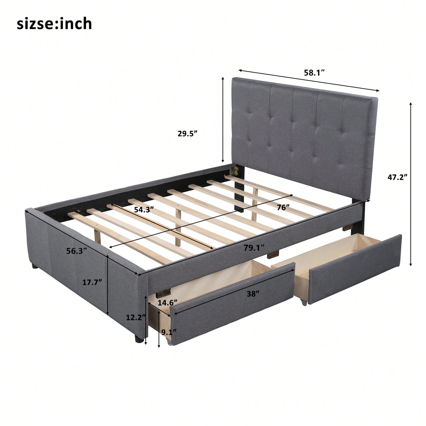 Upholstered Full Size Platform Bed Frame with Headboard and Storage Drawers Easy Assembly No Box Spring Needed