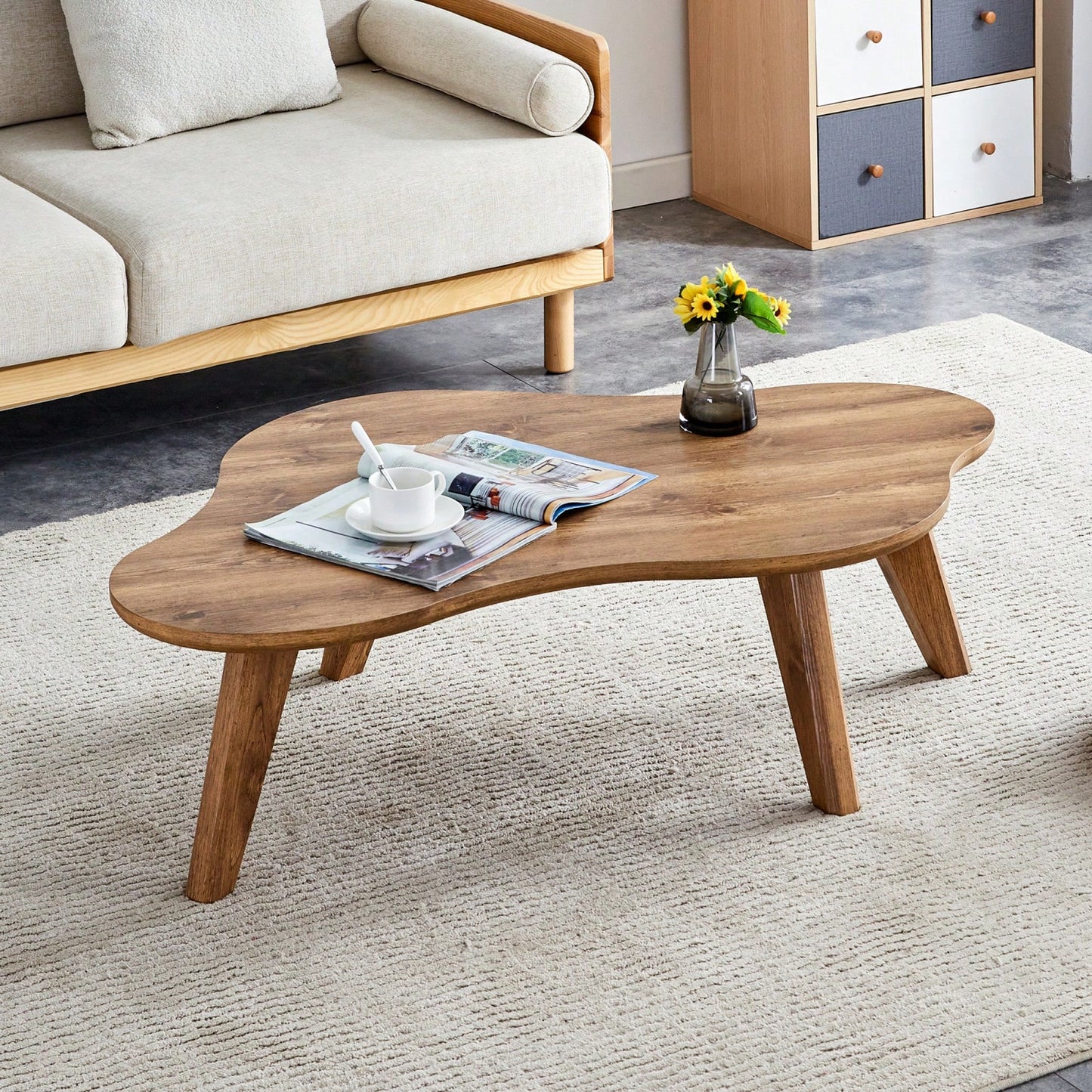 Modern Minimalist Cloud Coffee Table with Soft Curved MDF Top and Solid Wood Legs for Living Room and Dining Room