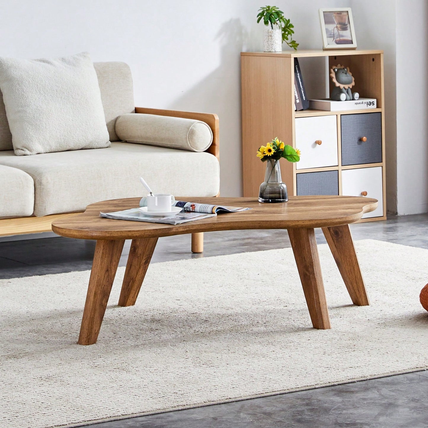 Modern Minimalist Cloud Coffee Table with Soft Curved MDF Top and Solid Wood Legs for Living Room and Dining Room