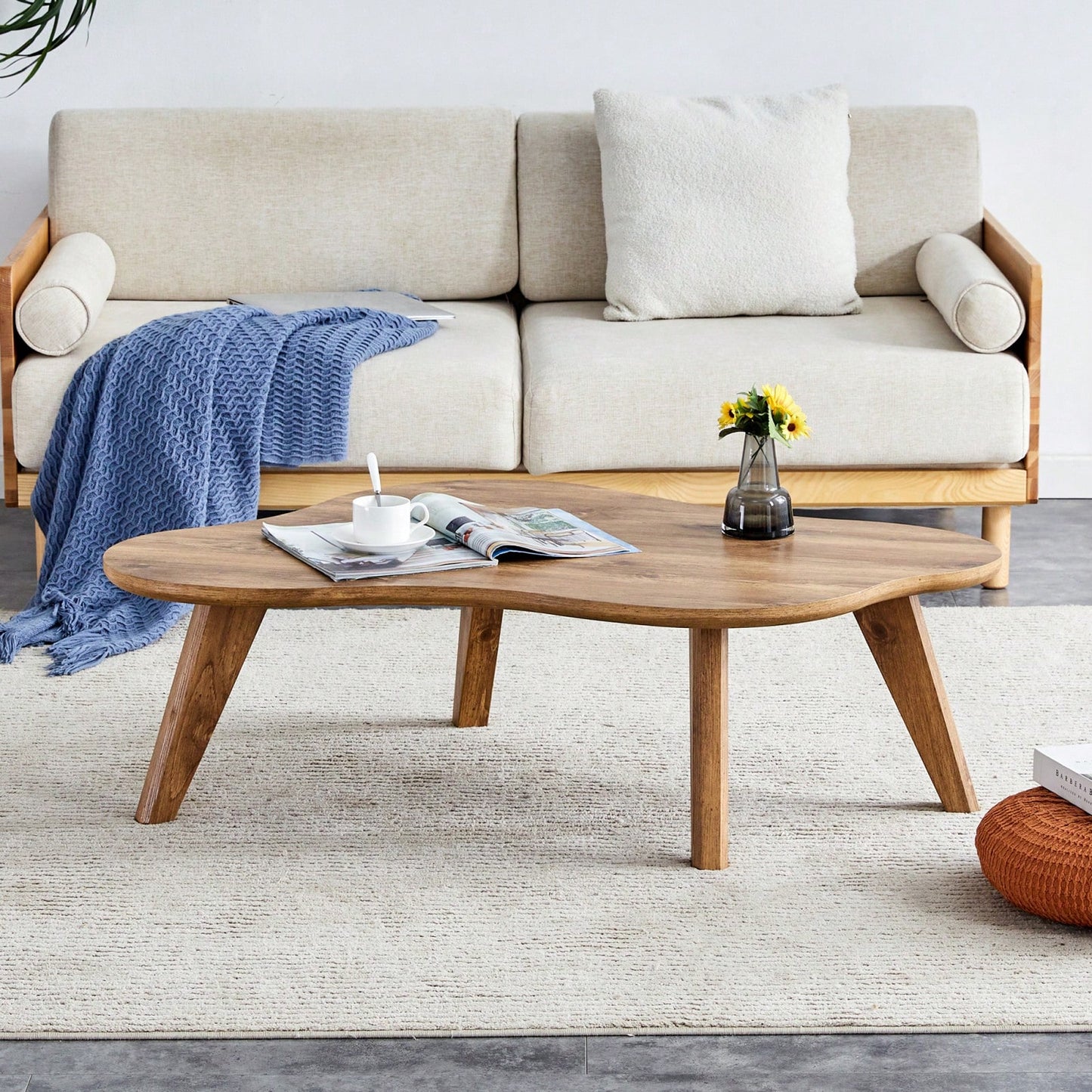 Modern Minimalist Cloud Coffee Table with Soft Curved MDF Top and Solid Wood Legs for Living Room and Dining Room
