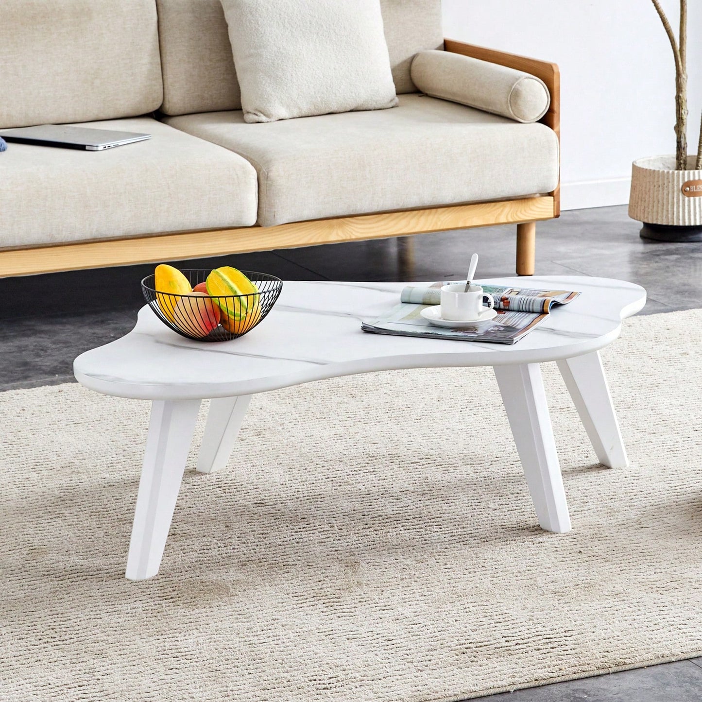 Modern Minimalist Cloud Coffee Table with Soft Curved MDF Top and Solid Wood Legs for Living Room and Dining Room
