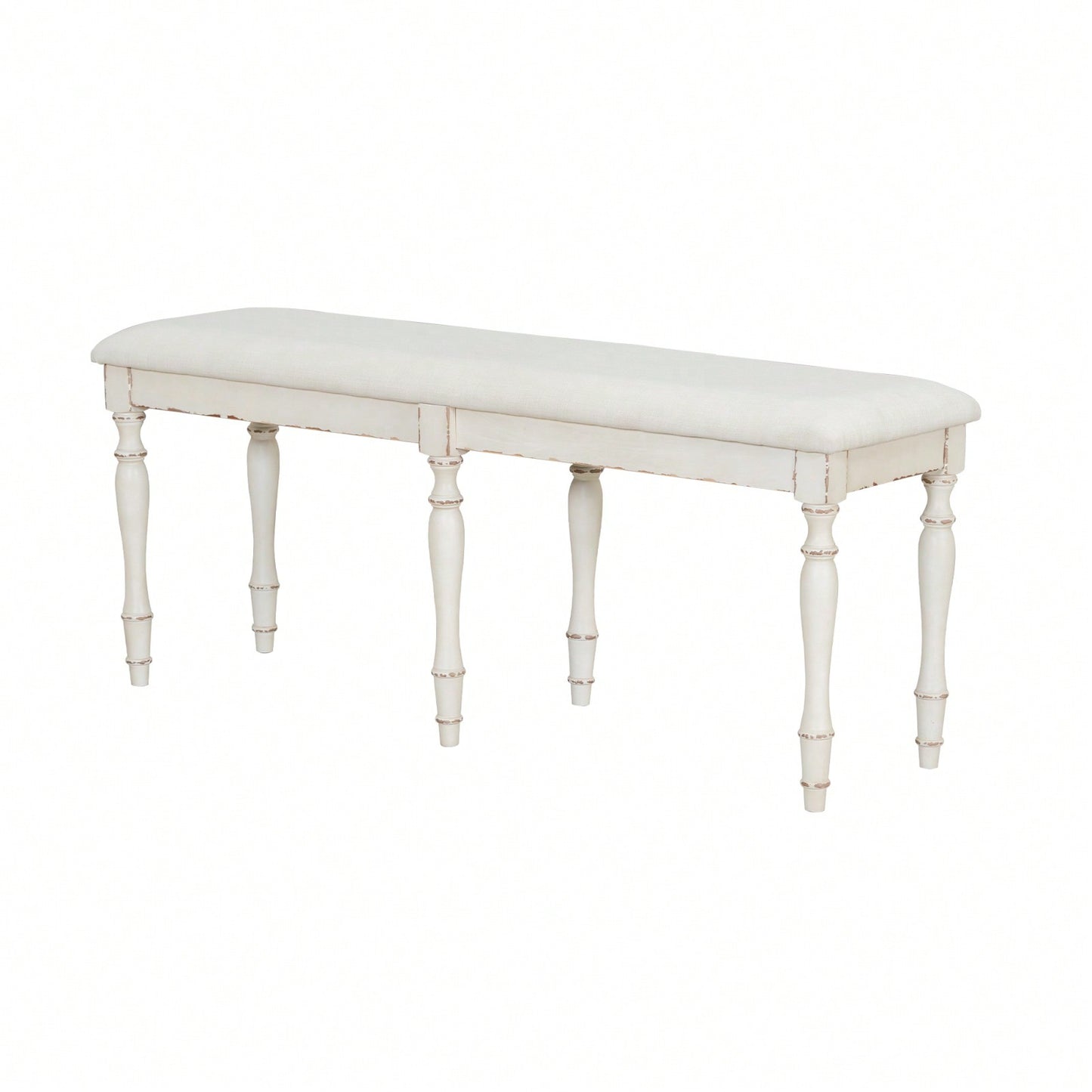 50.4 Inch Vintage Solid Wood Dining Bench with Upholstered Linen and Turned Legs 330lbs Capacity for Kitchen and Dining Room