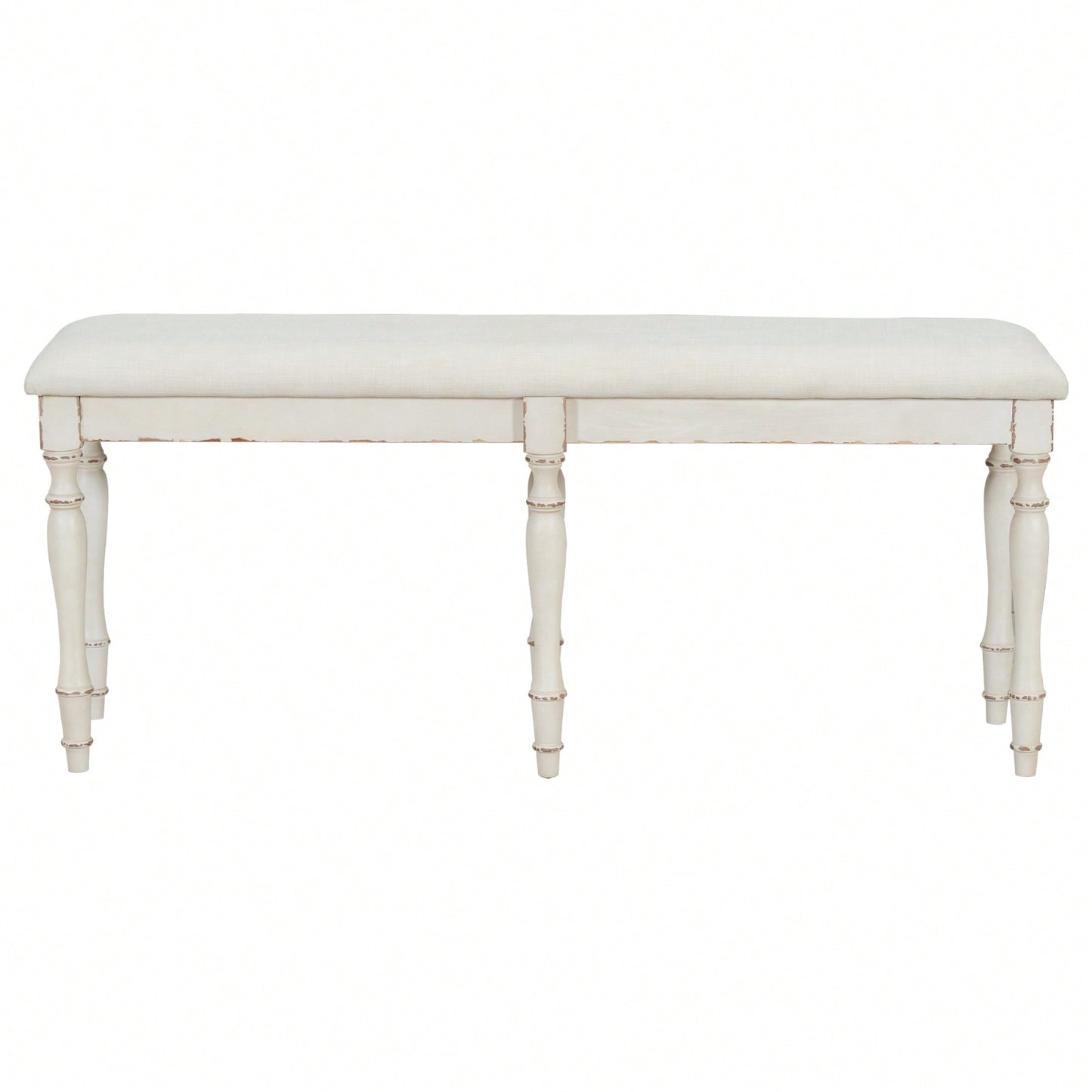 50.4 Inch Vintage Solid Wood Dining Bench with Upholstered Linen and Turned Legs 330lbs Capacity for Kitchen and Dining Room
