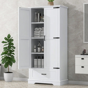 Slim White Bathroom Storage Cabinet with Adjustable Shelves and Drawer for Organized Living Spaces