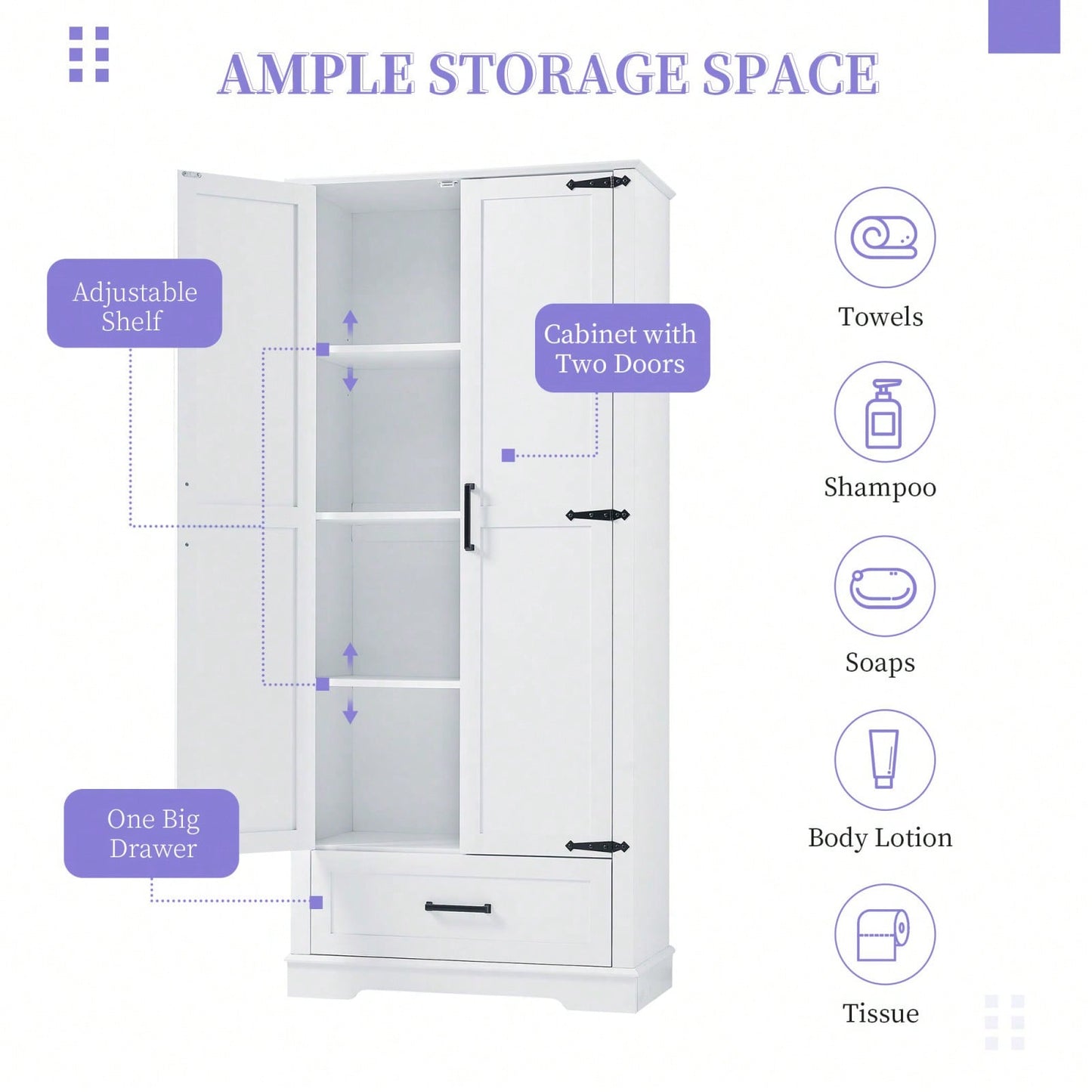 Slim White Bathroom Storage Cabinet with Adjustable Shelves and Drawer for Organized Living Spaces