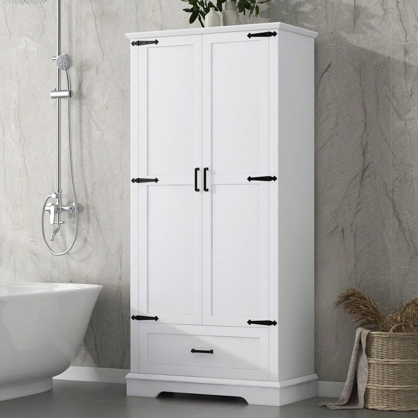 Slim White Bathroom Storage Cabinet with Adjustable Shelves and Drawer for Organized Living Spaces