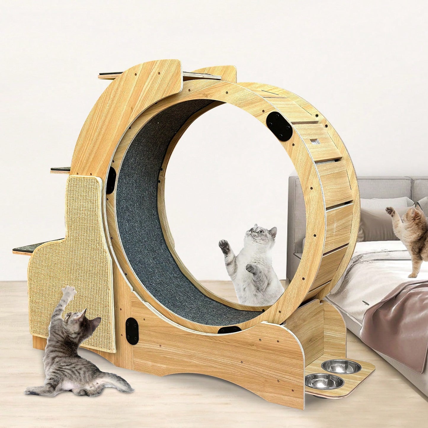 5-in-1 Cat Activity Center with Running Wheel Scratching Post Climbing Ladder Litter Box and Feeding Station for Large Cats