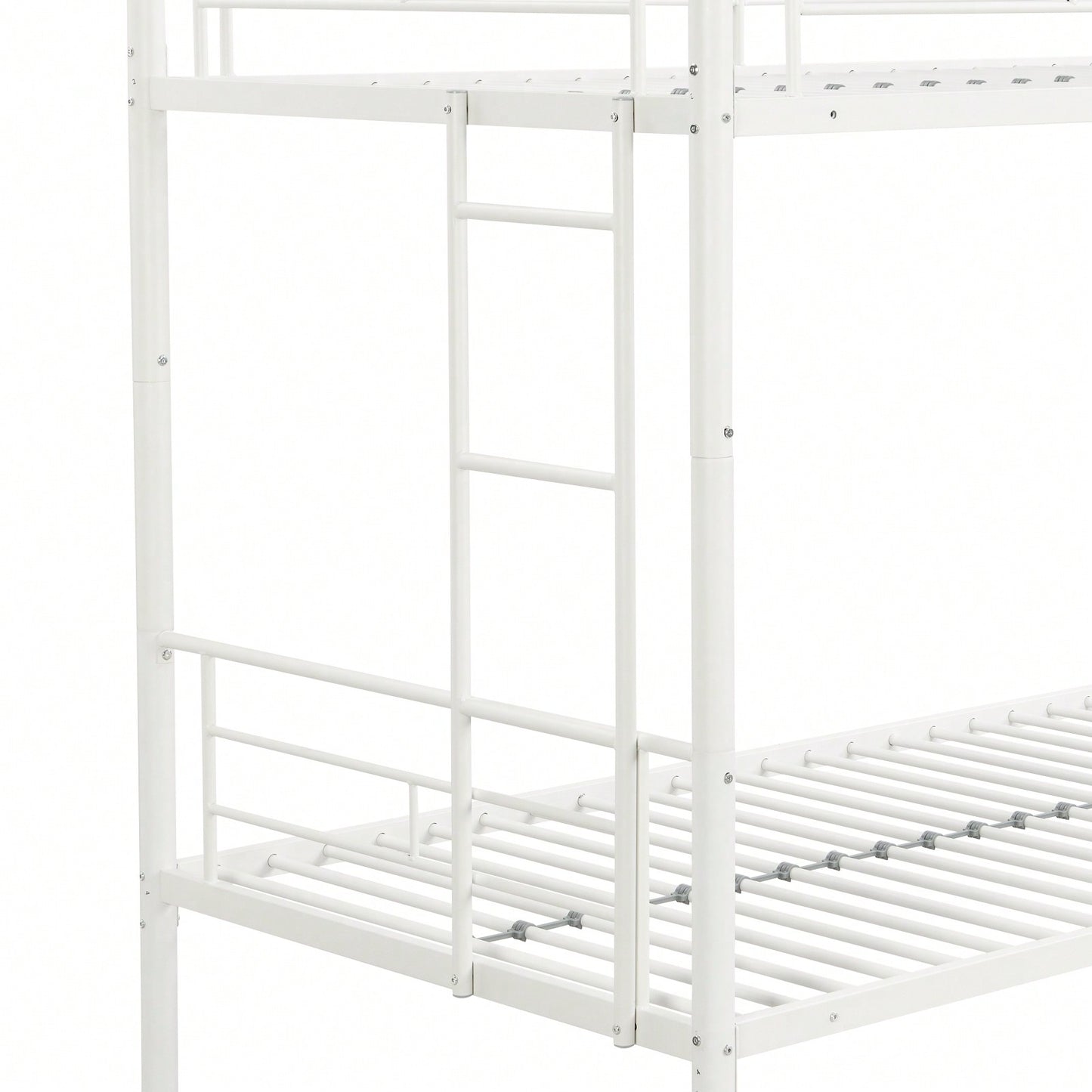 White Metal Twin Over Twin Bunk Bed with Trundle Safe Stairs Space Saving Design Easy Assembly Sturdy Frame 350 Lbs Weight Limit