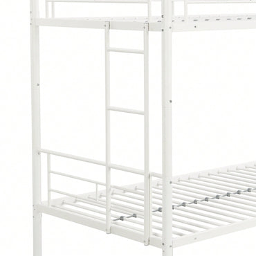 White Metal Twin Over Twin Bunk Bed with Trundle Safe Stairs Space Saving Design Easy Assembly Sturdy Frame 350 Lbs Weight Limit