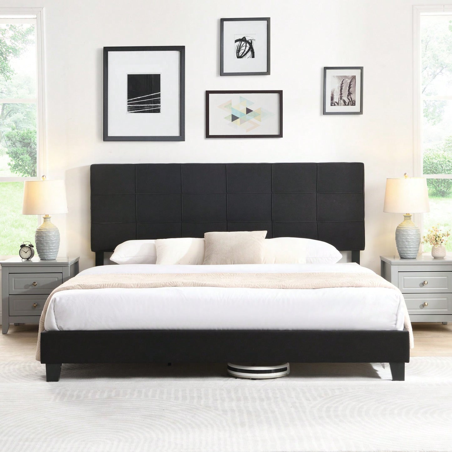 King Size Upholstered Linen Platform Bed Frame with Wood Slat Support for Memory Foam and Traditional Mattresses Easy Assembly